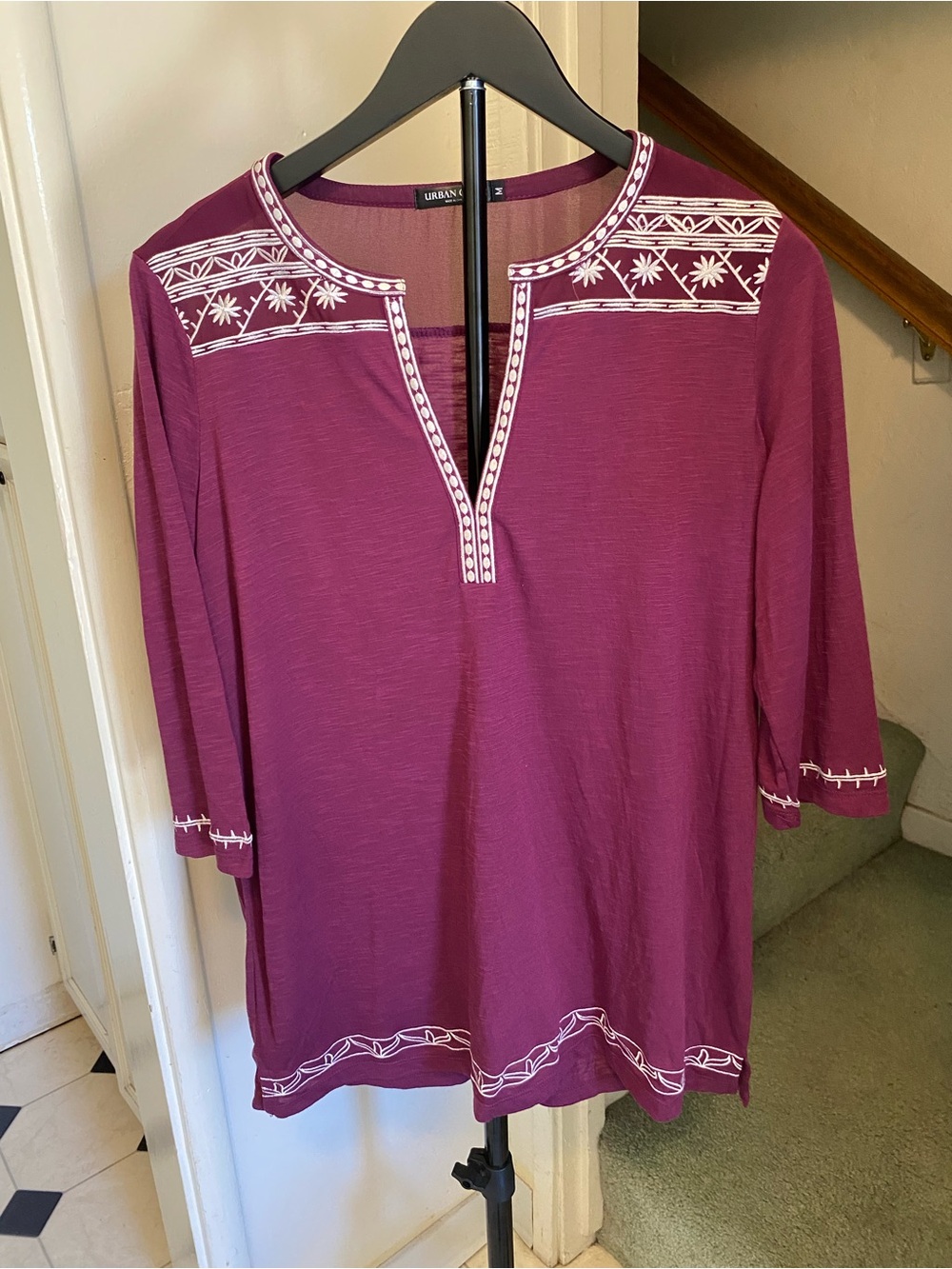 Urban Coco Boho Plum White Embroidered Split-Neck Blouse,size medium